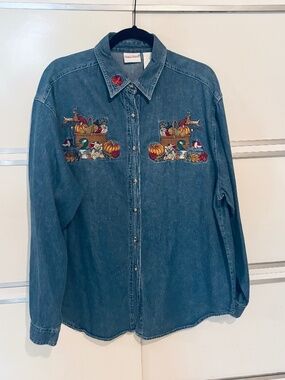 Bobbie Brooks Denim Button Up Shirt Fall Harvest Long Sleeves XLarge